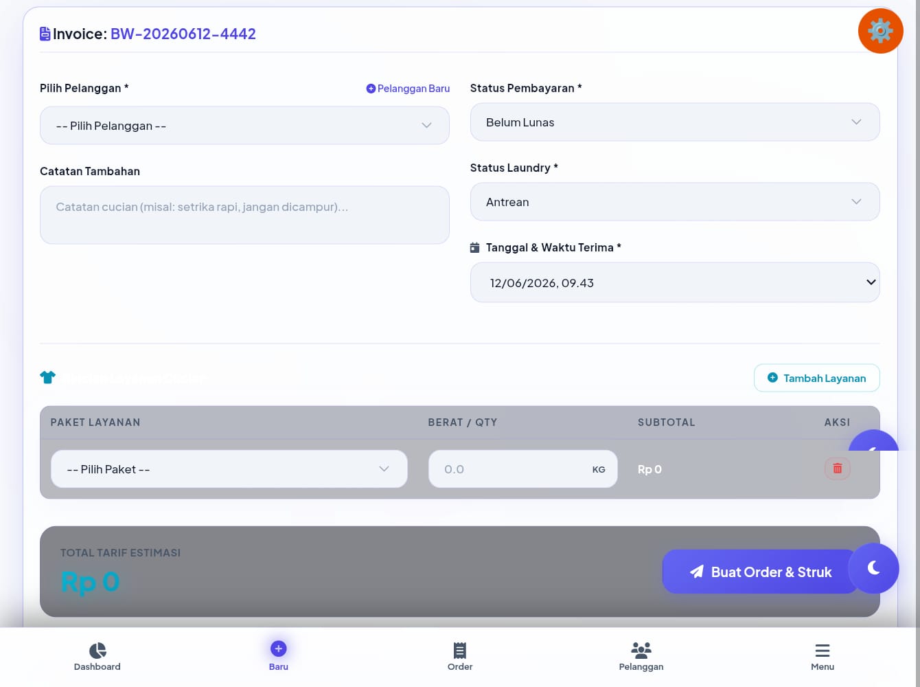 Form Order Lengkap